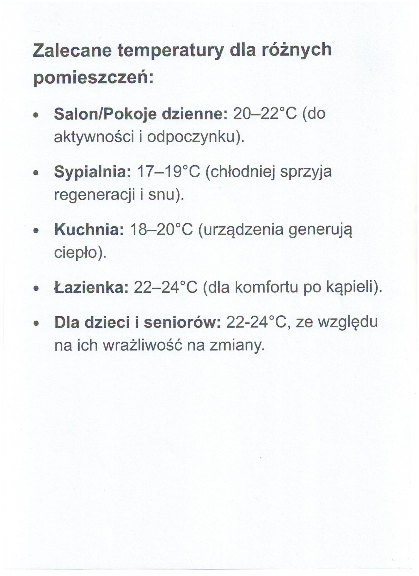 ZALECANE TEMPERATURY W POMIESZCZENIACH